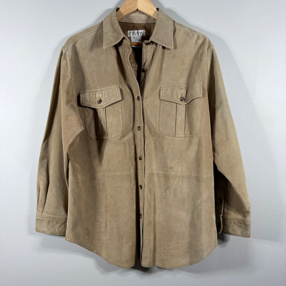 Vintage Jones New York Sport Suede Leather Button Up Shirt Jacket Tan Medium